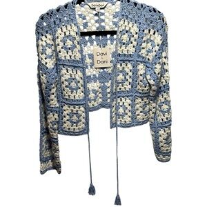 NWT DAVI & DANI Crochet Cardigan in Blue and Cream Size Small